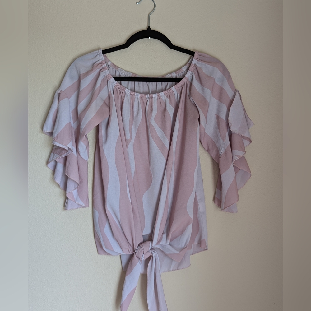 Gorgeous Pink and White Tie Waist Blouse Size M
